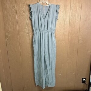 Sim & Sam Blue Jumpsuit With Elastic Waist Size M Flutter Sleeves Natural Fibers